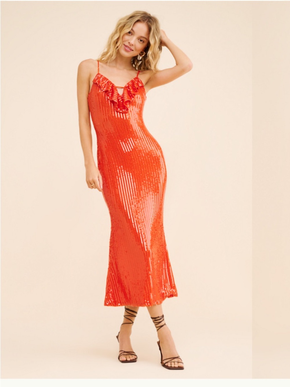Red Sequin Ruffle-Trim Midi Slip Dress